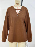 Suéteres con botones ahuecados y cuello en V para mujer, Jersey de punto, Top de Color sólido, suelto, informal, combina con todo, otoño - details 11