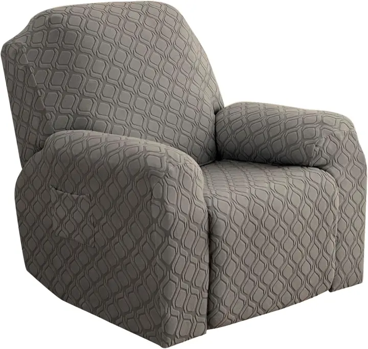 Funda de sillón relax extensible, funda para sofá relax de 1 plaza con bolsillo lateral, para sillón reclinable de relajación y masaje, 4 piezas con jacquard (beige) - 1