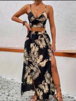 Vestido estampado sin mangas con cuello en V y corte Bo para mujer, vestidos sexys con abertura larga, media falda de moda, conjunto de verano ligero y elegante - details 3