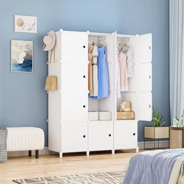 Armario Modular, Guardarropa portátil de 20 Compartimentos para Dormitorio, Armario con Barra para Colgar Ropa, Compartimentos más Profundos Aptos para Perchas - 1