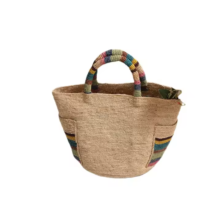 Bolso de mano de rafia de alta gama, colorido, con bolsillo exterior, bolso tejido de paja para mujeres, bolso de playa para vacaciones - 1
