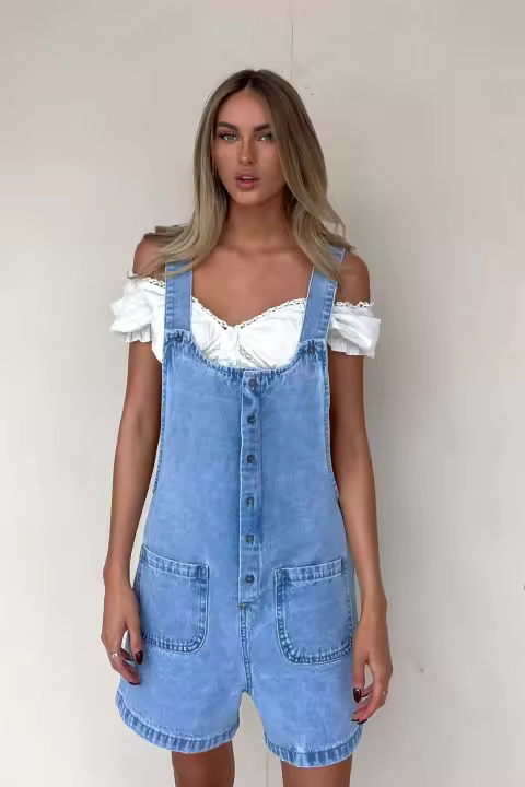 2025 Primavera/Verano Compra rápida Nuevo bolsillo Correa ajustable Lavandería Mono vaquero Pantalones cortos - 1