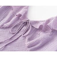 Vacaciones francesas con cuello en V, borde de volantes, vestido de manga corta con cintura y delgado, el vestido morado suave es versátil - details 4
