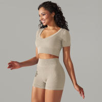 Hamidou-Conjunto de ropa deportiva sin costuras para mujer, Leggings de cintura alta, camisetas de manga corta, pantalones cortos, conjunto de 2 piezas, ropa de gimnasio - details 25