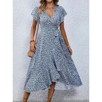 Vestido de talla grande 1XL-5XL con cuello en V y estampado floral para mujer, vestido elegante informal transpirable de verano, vestido largo de playa de estilo sofisticado - details 1