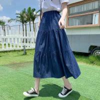 Falda de camping entrelazada midi vaquera para mujer, cintura elástica, azul, informal, retro, ropa diaria, verano - details 0