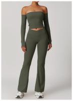 Traje de Yoga para gimnasio para mujer, conjunto deportivo ajustado transpirable, pantalones acampanados de entrenamiento, Camiseta deportiva de realce, conjunto de Yoga de manga larga, 2 uds. - details 16