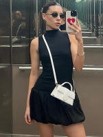 Vestido Mini Dulzura Ribbed Sin Mangas Patchwork Bollo Sólido Espalda Descubierta Cálido Club Streetwear Para Mujer - details 28