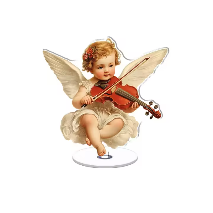 Adorno acrílico giratorio con un ángel vintage tocando el violín con una mosca delicada sobre un fondo blanco sereno - 1