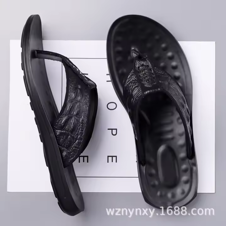Chanclas de hombre de verano de cuero con patrón de cocodrilo de moda transpirable pellizco sandalias casual tendencia zapatos de playa Q1576 - 1