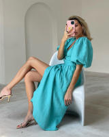 Novedad de verano, corte en V de algodón puro, cintura con abertura, diseño ceñido, línea A, Dre para mujer - details 8