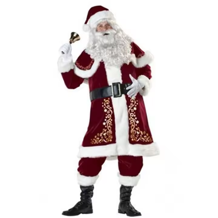Disfraz de Papá Noel para hombre, traje de lujo de terciopelo rojo de lujo para fiesta de Navidad, regalo de 8 piezas - 1