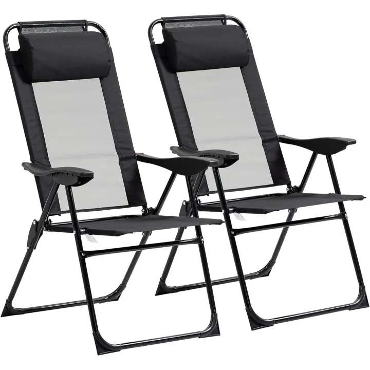 Conjunto de 2 Sillas de Camping Plegables Sillas de Jardín con Reposacabezas Desmontable y Respaldo Reclinable en 5 Niveles Carga 120 kg para Terraza Playa 62x70x109 cm Negro - 1