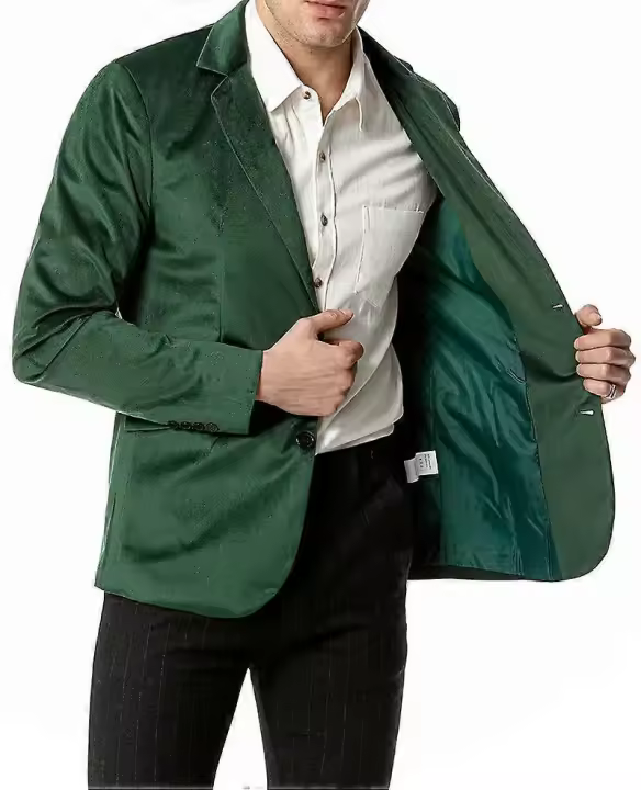 Chaqueta tipo blazer de dos botones de terciopelo con cuello en V y corte entallado para hombre X - 1