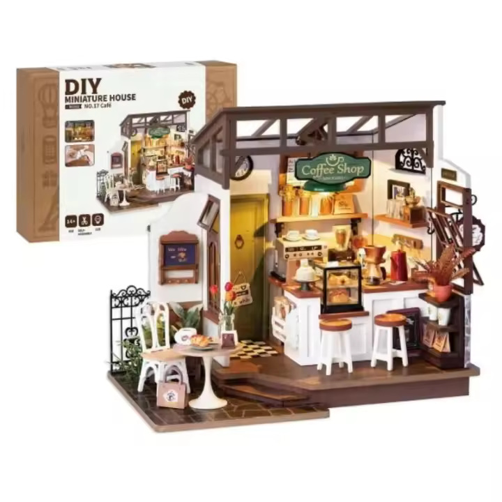 Robotime DIY casa de muñecas de madera muebles en miniatura modelo de construcción con LED para adultos y niños NO.17 café - 1