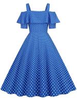 Vestido de fiesta Vintage elegante con hombros descubiertos, vestidos Midi de verano con lunares y volantes para mujer - details 32