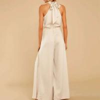 Mono de Pantalones Grandes Piernas para Mujer Ouwu Mono Halter con Lazo en Espalda de Color Sólido - details 4