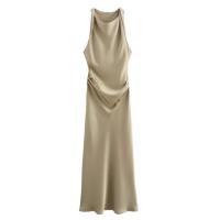 Vestido largo plisado sin mangas para mujer, prenda de seda con textura satinada, cuello redondo, elegante y a la moda - details 8