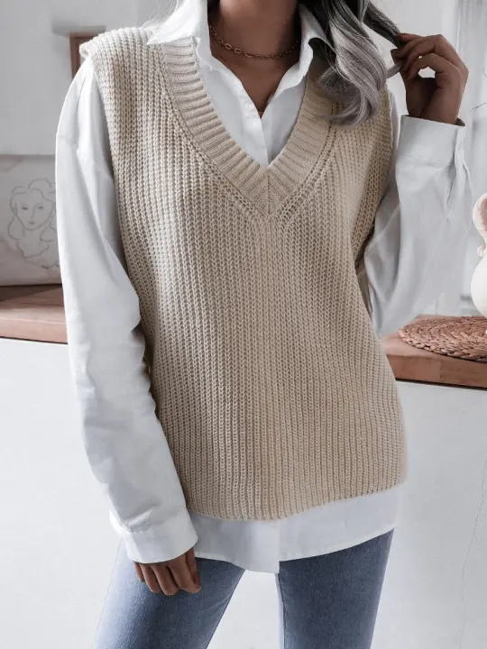 Suéter sin mangas de punto para mujer, chaleco holgado con cuello en V, Color sólido, a la moda, para Otoño e Invierno - 1