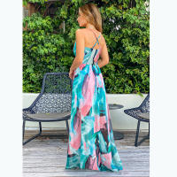 Vestidos largos con cuello en V para mujer, sin mangas, cintura alta, playa, Maxi, azul, rosa, estampado S - details 4
