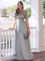 Vestido de noche de malla con cuello redondo y cintura elástica para una gran fiesta de vuelo, lrge prty - details 5