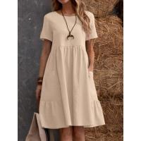 Vestido retro de algodón y lino con cuello redondo y bolsillos sueltos de color sólido para mujer - details 5