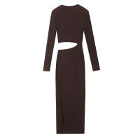 TRAFZA 2024 Mujer primavera sólido cuello redondo manga larga elasticidad vestido ajustado Mujer textura Crop Hollow Midi vestidos Mujer - details 2
