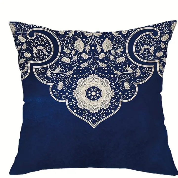 Funda de almohada con estampado floral azul de estilo étnico, funda de cojín para sofá, silla, dormitorio, decoración del hogar - 1