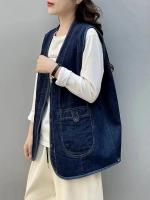 Chaleco de Mezclilla Vintage para Mujeres Masss Wasss 2024 Primavera Sin Mangas Moda Clásica Suelta Casual Cuello en V Cintura con Botones Blanco - details 7