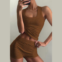 BUNO-chándales informales para Mujer, conjunto de 2 piezas, chalecos cortos elásticos con cuello en U y pantalones cortos acanalados, ropa deportiva concisa para gimnasio - details 9