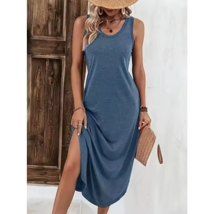 Vestido midi de punto dividido sin mangas con cuello en V para mujer, verano 2025 - 1