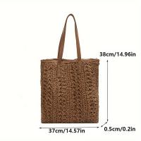 Bolso de Paja Chic Boho Gran Capacidad, Bolso de Playa de Verano con Cierre de Cremallera, Liner de Poliéster, Khaki/Ivory - details 3