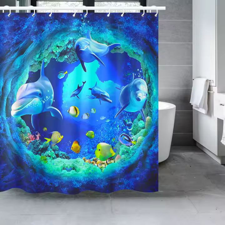 Cortina De Ducha De Mariposa Azul Vida Marina Marine Life Poliéster Tela Tema Oceánico Para Niños Con 12 Ganchos Decoración De Baño - 1
