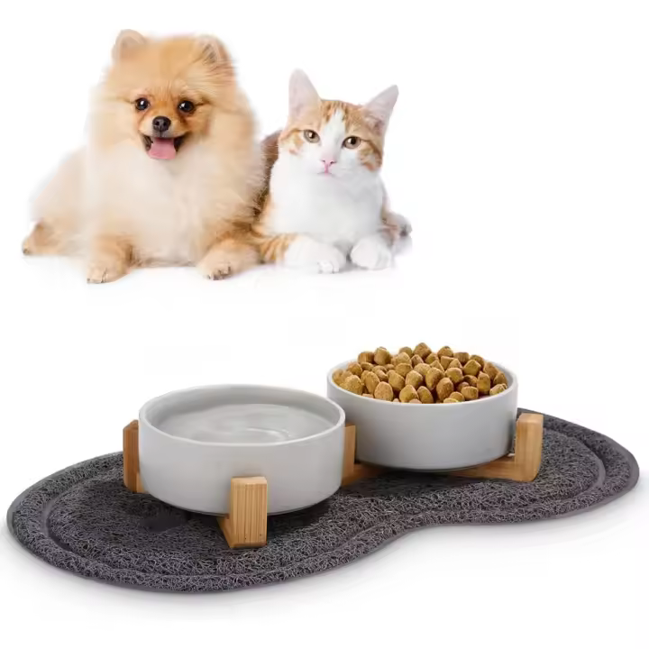 Comedero Elevado de Cerámica para Gatos y Perros 2 x 400ml con Soporte de Bambú y Alfombrilla Antideslizante Gris - 1
