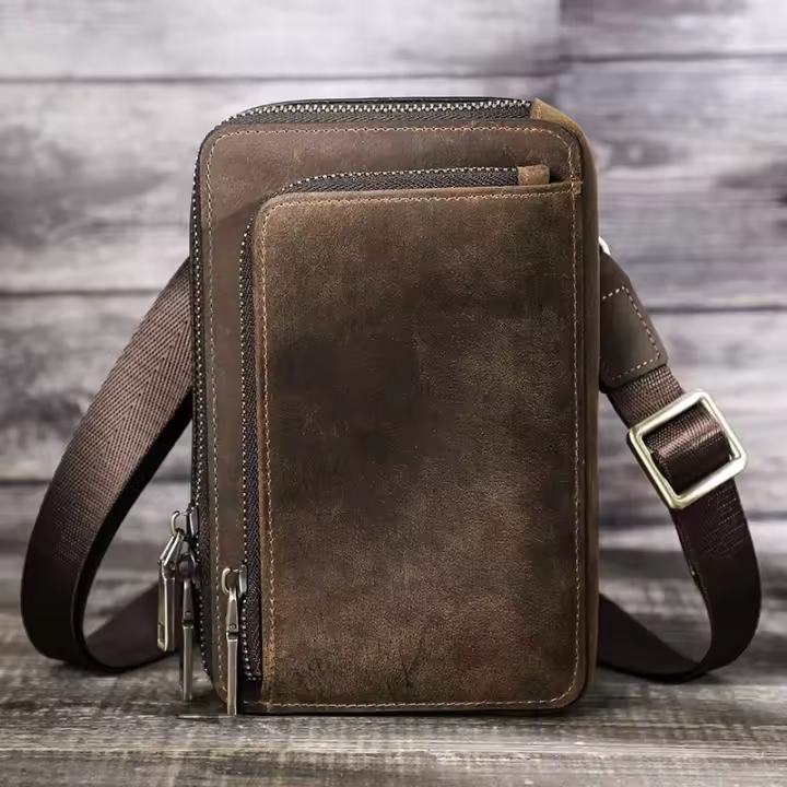 CONTACT'S Crazy Horse-Bolso cruzado de cuero para hombre, riñonera informal, bolso de hombro con bolsillo para teléfono pequeño - 1