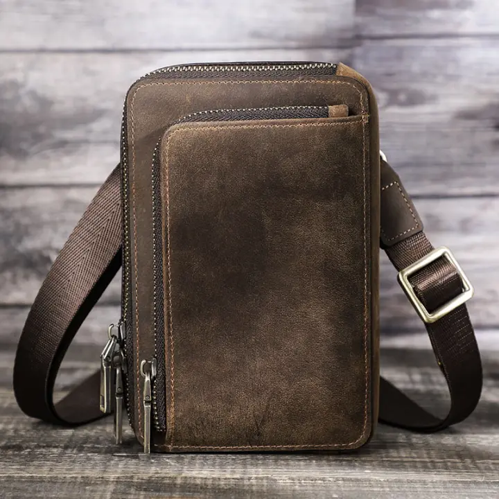 CONTACT'S Crazy Horse-Bolso cruzado de cuero para hombre, riñonera informal, bolso de hombro con bolsillo para teléfono pequeño - 1