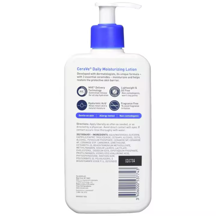 CeraVe Daily loción hidratante para rostro y cuerpo para pieles secas con ácido hialurónico |   sin fragancia, 12 fl oz - 1