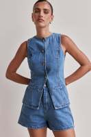 2025 primavera y verano nueva estación independiente de Amazon moda europea y americana cintura sin mangas cintura alta pantalones cortos sueltos conjunto de mezclilla - details 16