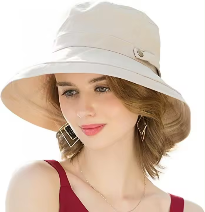 Sombreros de sol de ala ancha de algodón para mujer Upf50+ Uv Packable Beach Hat Summer Bucket Cap para viajes, Beige - 1
