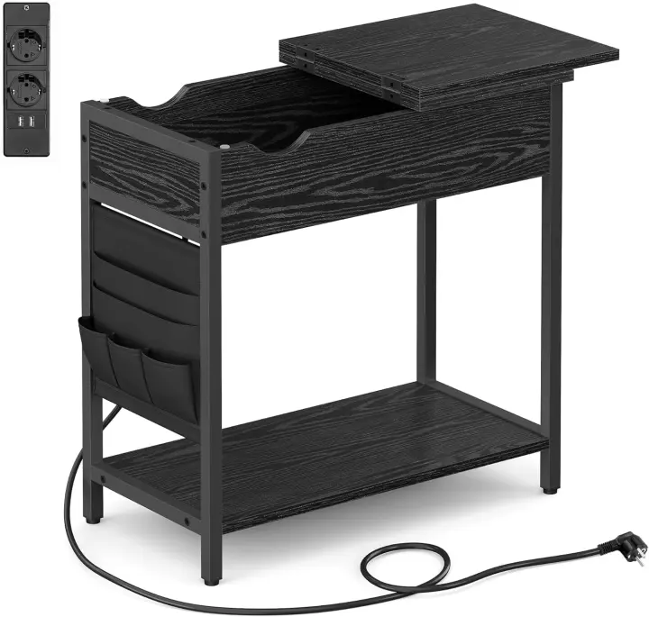 Mesa Adicional Lateral Estrecha con Multienchufe Juego de 2, Mesa de Noche con Puertos USB, Bolsos, Marrón Rústico y Negro LCT647B01 - 1