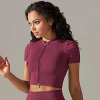 Hamidou-Camiseta deportiva con cremallera para mujer, Top elástico ajustado y transpirable, ropa deportiva para gimnasio, correr y Yoga - details 8