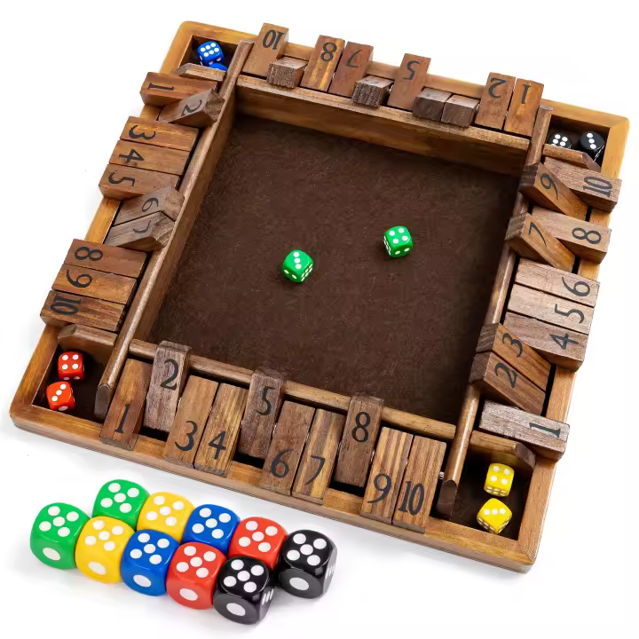 Juego de mesa de madera para niños y adultos, 12 pulgadas, 4 vías, cierra la caja, 2-4 jugadores juego inteligente para aprender a sumar, juego con 8 dados y reglas para cerrar la caja - 1