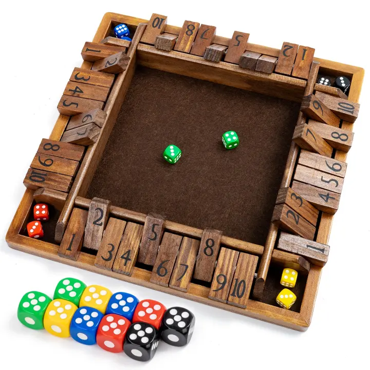 Juego de mesa de madera para niños y adultos, 12 pulgadas, 4 vías, cierra la caja, 2-4 jugadores juego inteligente para aprender a sumar, juego con 8 dados y reglas para cerrar la caja - 1