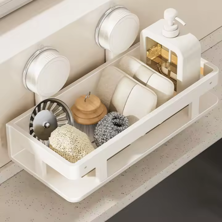 Soporte para esponja y plato con ventosa de aluminio espacial, estante de drenaje para fregadero impermeable sin perforaciones, a prueba de polvo con bandeja de agua - 1