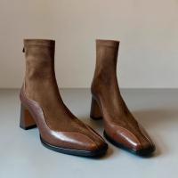 Botas de tacón alto francesas de cuero Botas ajustadas elásticas de tacón cuadrado - details 9