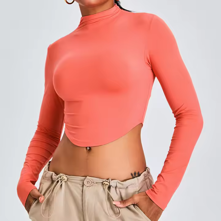Top de entrenamiento de manga larga para mujer, diseño con orificio para el pulgar, Top de cuello alto con corte deportivo ajustado - 1