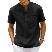 Camisa De Algodón Y Lino Para Hombre Estilo Casual Vintage Con Bolsillo Y Cuello Henley Camiseta De Color Sólido Para Playa Y Calle - details 2