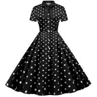 Polka dot print women summer short sleeve striped bow elegant vintage 50s party dress - details 2