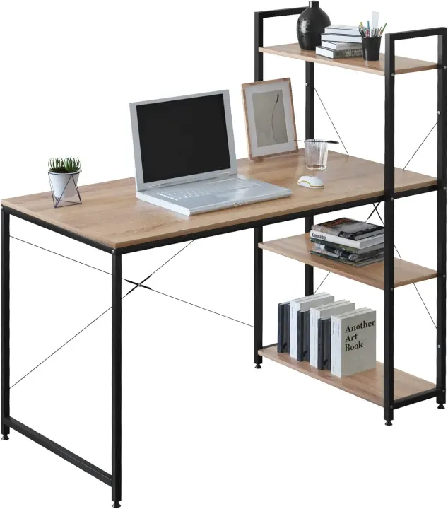 Escritorio con Estanteria Reversible, 120x60cm, Mesa de Ordenador, Mesa de Trabajo de Madera y Acero, Roble+Negro, TSB01hei - 1