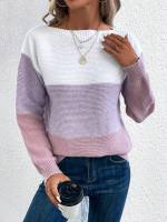 Elegant Three-color Patchwork Sweater Women Daily Commuter Casual Loose Jumpers Female Autumn Winter Knitted Thickened Warm Tops - details 3